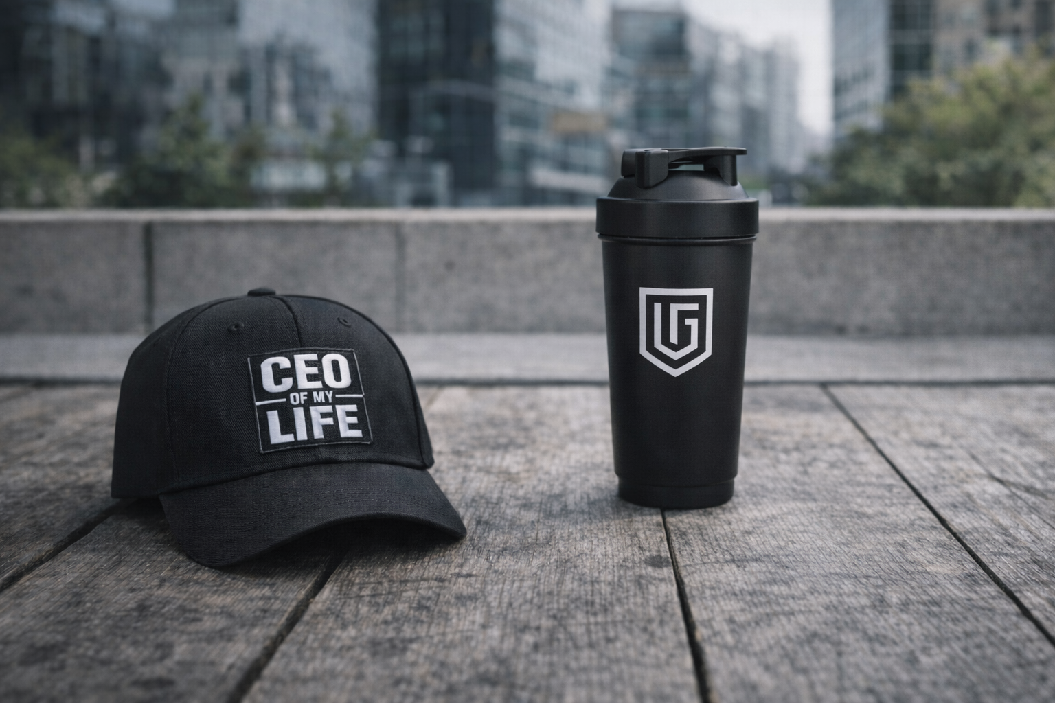 UnstopGear accessories in gym: duffel bag, shaker bottle and cap with motivational branding